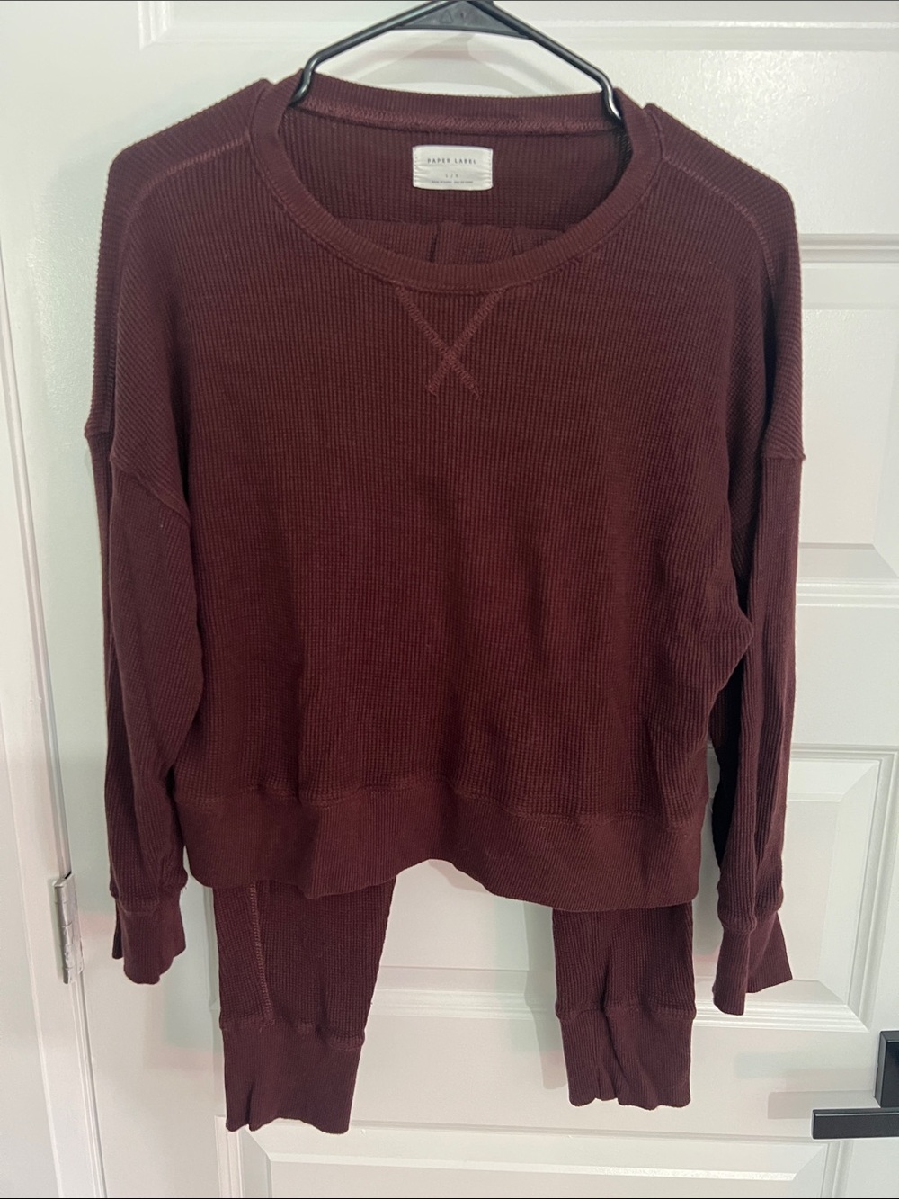 Paper Label Women's Waffle Crewneck Sweatshirt & Joggers SET in Deep Burgundy